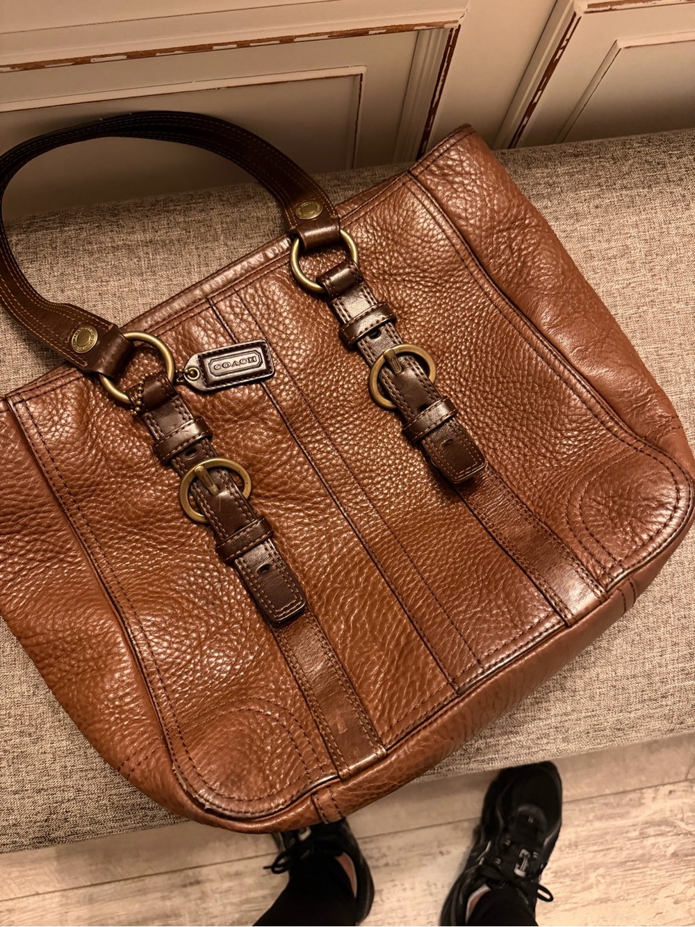 Coach Brown Pebbled Leather Tote with Buckle Accents